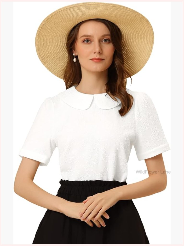 Floral Jacquard Peter Pan Collar Puff Sleeve Top